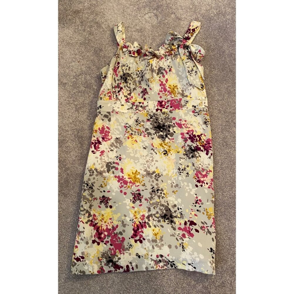 Ann Taylor Loft Floral Print Sleeveless Dress Ruffle Neckline Bow Straps Size 14